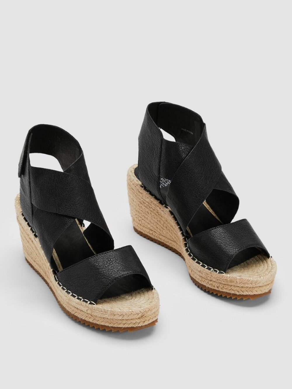 Eileen Fisher Willow Tumbled Leather Wedge Espadrille in Black Size 9.5